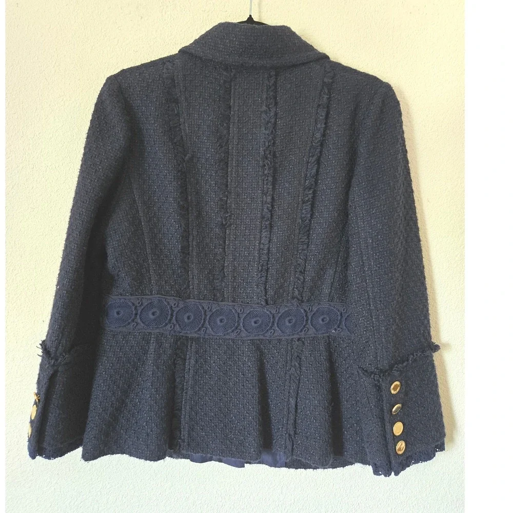 Tory Burch Navy Blue Tweed Lace Trim Jacket Gold Buttons 8  Womens Boucle Blazer - Picture 4 of 13